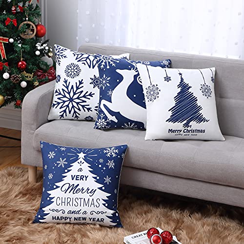 NANAN Blue 18x18 Inch Christmas Pillow Cover Set of 4 Snowflake Merry Christmas Elk Decor