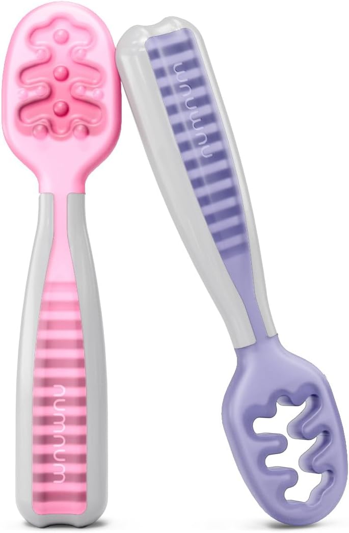 NumNum Baby Spoons Set - GOOtensils for Self-Feeding | BPA-Free Silicone Utensils, 2 Pack in Frosty Lilac/Rosebud, 6+ Months