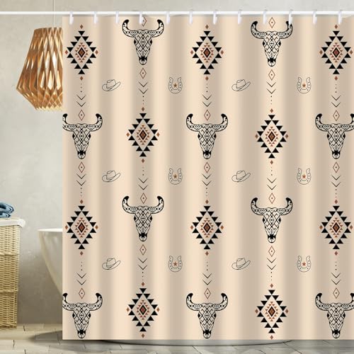Western Aztec Shower Curtain - Vintage Bull Skull & Cowboy Hat, 72x72