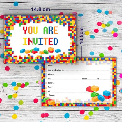 Building Block Birthday Invitations - Set of 10 Kids Party Cards