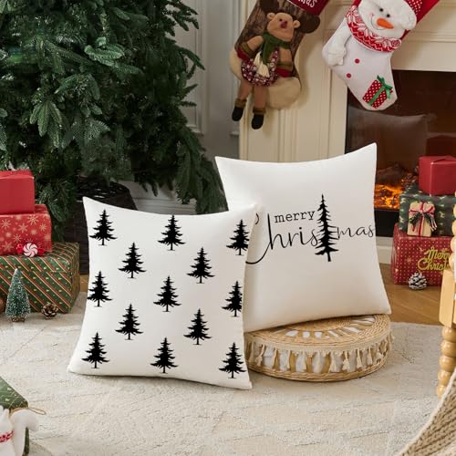 Black and White Merry Christmas Tree Throw Pillow Covers 18x18 (Set of 2)