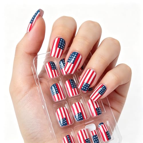 HZJXRT 4th of July Short Square Press on Nails - 24 Pcs Acrylic USA Flag Fake Nails with Glossy Finish