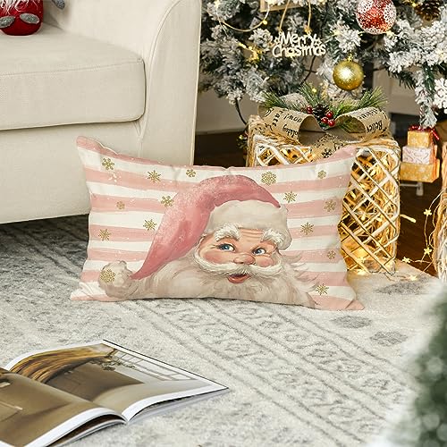 Pink Santa Claus Stripes Throw Pillow Cover 12x20 Inch - Christmas Cushion Case
