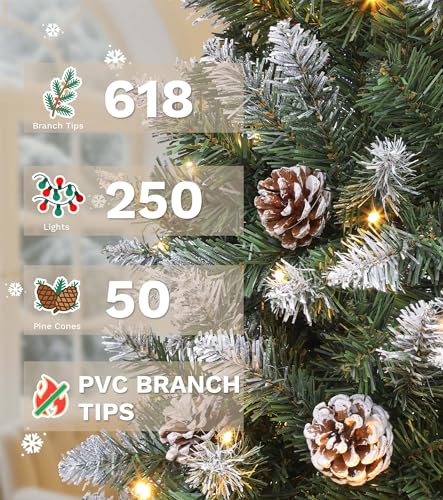 Flocked Green 6ft Artificial Christmas Tree Slim Pre-lit Tree with Snowy Branches, 618 Tips & Remote