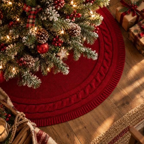 Knit Christmas Tree Skirt - Burgundy Cable Knit Rustic Holiday Decor 36 Inch