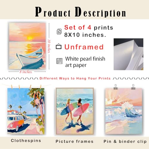 Pastel Coastal Beach Wall Art Prints Set of 4 - Nautical Sunset, Palm Tree & Surfer Girl, 8x10 - Color A
