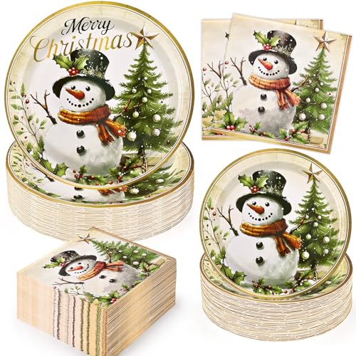 Christmas Disposable Plates and Napkins Party Set - Snowman & Tree Design