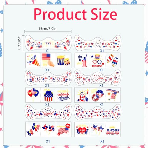 Ynaquest 4th of July Face Glitter Freckles - 12 PCS Red White and Blue Patriotic Temporary Tattoos