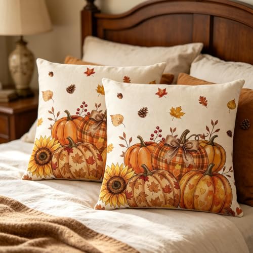 Fall Orange Floral Pumpkin Throw Pillow Covers 20x20 Inch Set of 2