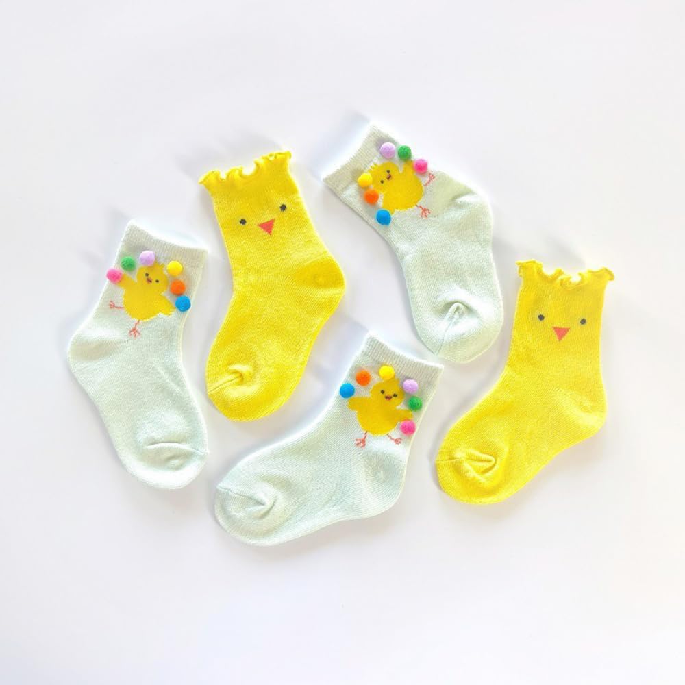 Skiennix Girls' Cozy Cotton Crew Socks - Fun Ruffle Design | Yellow Chick, Size 3-8 Years