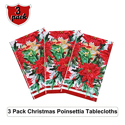 3 Pack Christmas Poinsettia Tablecloths 54x108 Inches Waterproof Plastic Holiday Decor