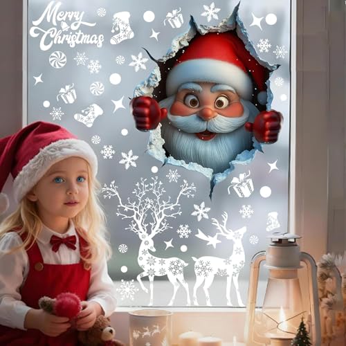 Christmas Window Clings Double Sided 3D Santa Reindeer Snowflake Vinyl Decals - Red White