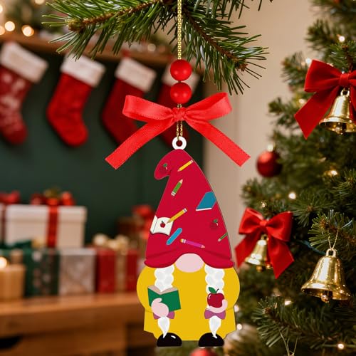 AKAIXI Christmas Gnome Teacher Wood Hanging Ornament for Tree Decor