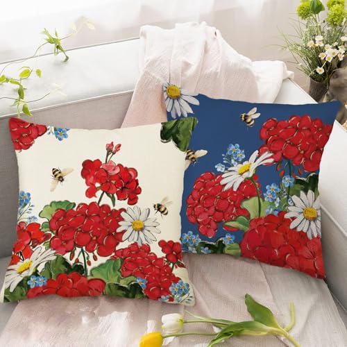 Spring Summer Red Geranium Throw Pillow Covers 18" x 18" (Set of 4)