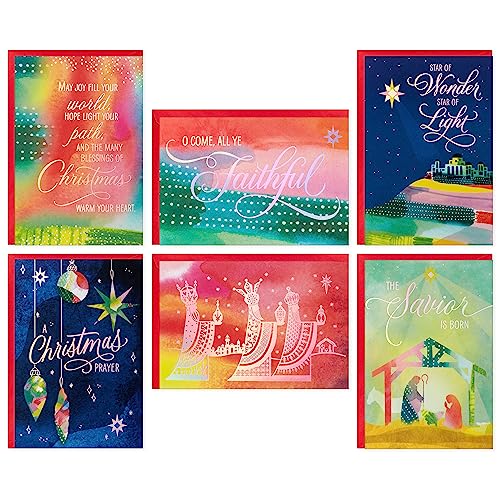 Religious Star of Wonder Christmas Card Assortment - Pink, Blue, Yellow, Green, Orange - 36 Cards & Envelopes