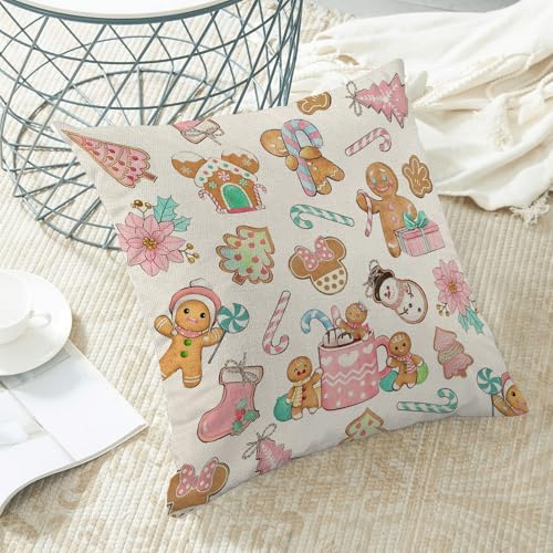 Pink Gingerbread Man Christmas Pillow Covers 18x18 - Set of 2