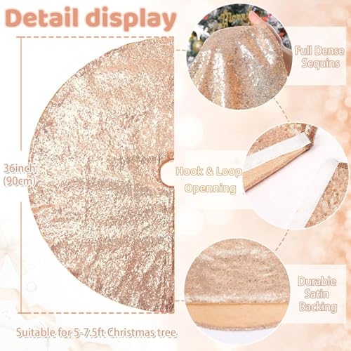 36-Inch Rose Gold Sequin Christmas Tree Skirt with Satin Mesh - Holiday Decor