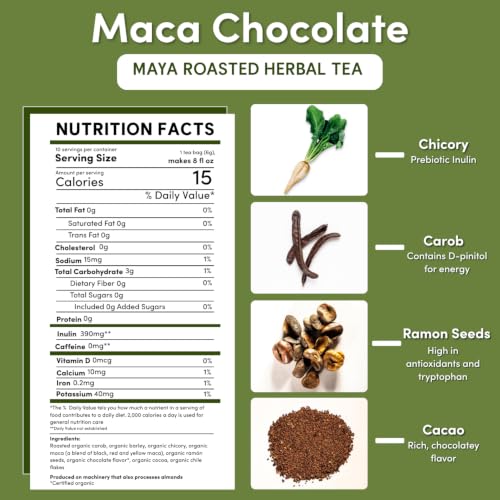 Teeccino Maca Chocolaté Herbal Tea - Caffeine-Free Prebiotic with 10 Tea Bags - Variants: Maca Chocolate