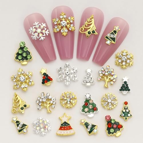PODUOJIEYI 19Pcs Christmas Nail Art Charms 3D Alloy Xmas Tree Snowflake Gems