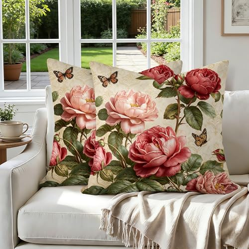 Romantic Rose & Butterfly Velvet Pillow Covers - 18x18 Inch