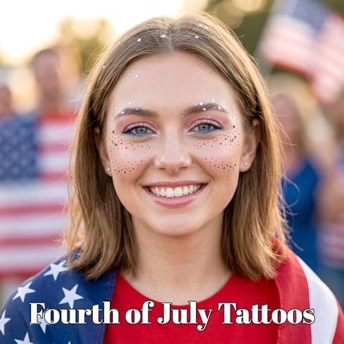 Gemoioio 4th of July Glitter Temporary Tattoos – 8 Sheets Waterproof Red White Blue Star Face Stickers for Independence Day Party Supplies