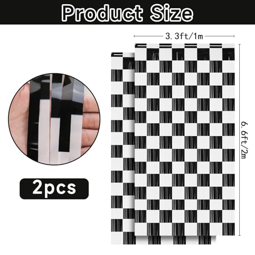 2PCS Racing Foil Fringe Curtains | 3.28x6.56 Ft Black & White Checkered Backdrop