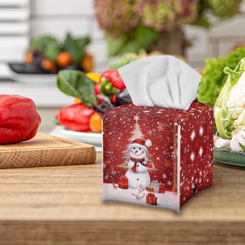 Doginthehole Xmas Snowman Tissue Box Cover - Cute Christmas Home Decor, Square PU Leather Dispenser with Belt Bottom