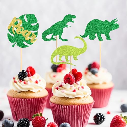 12 Dinosaur Cupcake Toppers - Glittery Party Decor for Kids