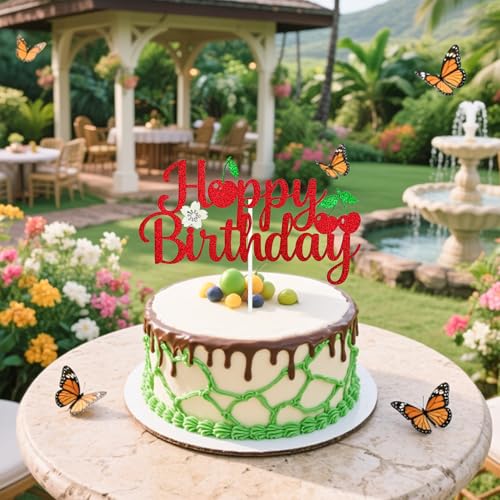 Cherry Happy Birthday Cake Topper | Fruit Theme Party Decoration