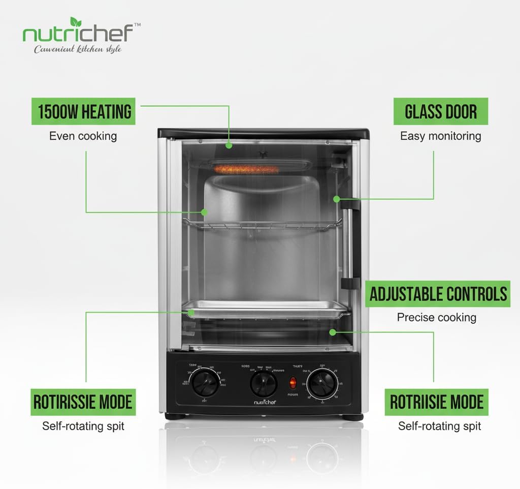 NutriChef Multi-Function Rotisserie Countertop Oven | 24 Quart Vertical Glass Door Convection Oven, for Rotisserie Roasting & Broiling | Timer & Temperature Control | 13.4 x 12.2 x 18.9