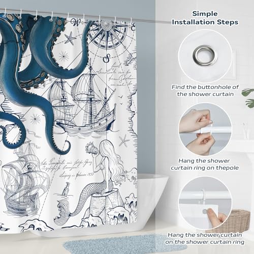 Blue Nautical Octopus Mermaid Shower Curtain 72x72 inch Waterproof Coastal Decor