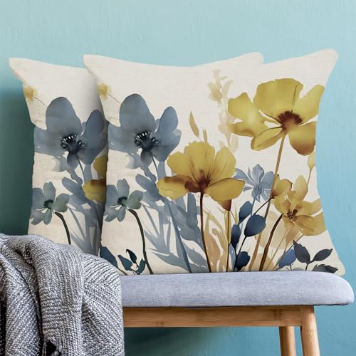 Vintage Floral Pillow Covers 20x20 Inch, Blue Yellow Linen Throw Pillows Set of 2