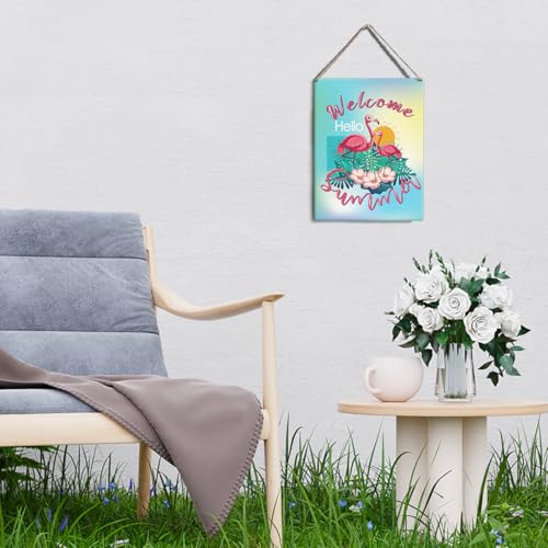 Flamingo Welcome Summer Door Hanger - 8" x 10" Wooden Sign