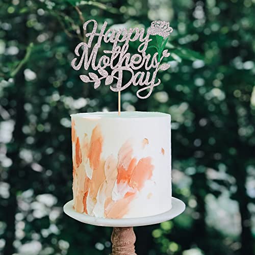 Happy Mother's Day Silver Glitter Cake Topper - Love You Mom Pick