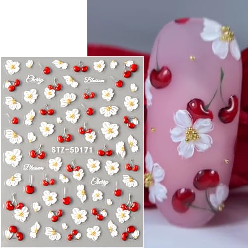 5D Flower Nail Stickers Embossed Cherry Floral Decals DIY Manicure 2 Sheets