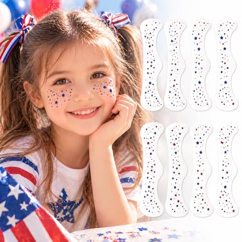 Artlunar 8Pcs 4th of July Face Tattoos - Red White Blue Star Freckle Stickers