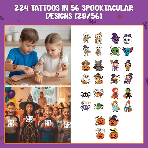 Decorably Halloween Temporary Tattoos for Kids 224 Pcs 56 Sheets Non-Toxic
