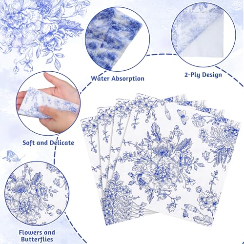 NatNarr 100 Pack Blue Floral Cocktail Napkins - Vintage Chinoiserie Design for Weddings & Showers