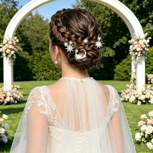 Star and Moon Rhinestone Hair Pins Set - 5 Pcs Silver Bridal Hair Jewelry