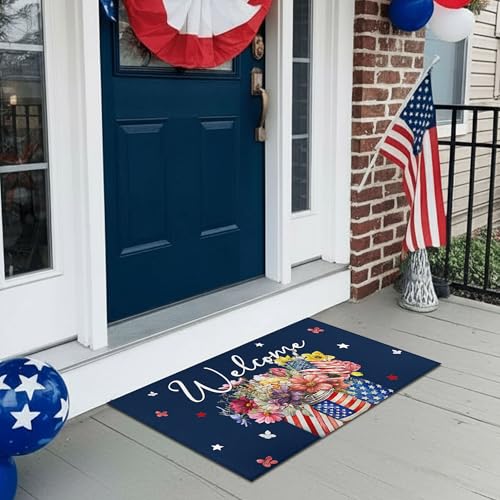 Patriotic Floral Welcome Door Mat 17"x30", American Flag Glass Bottle