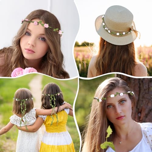 Andibro Rose Leaf Floral Headband 2pcs - Pink & White Bridal Crown