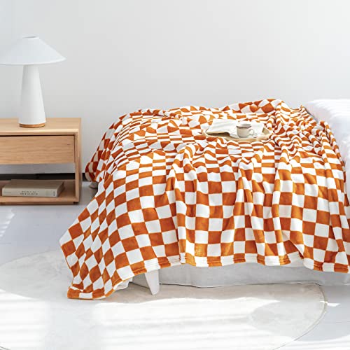 Orange Flannel Throw Blanket with Checkerboard Pattern - 90x110 inches, Soft & Warm for Couch & Bed