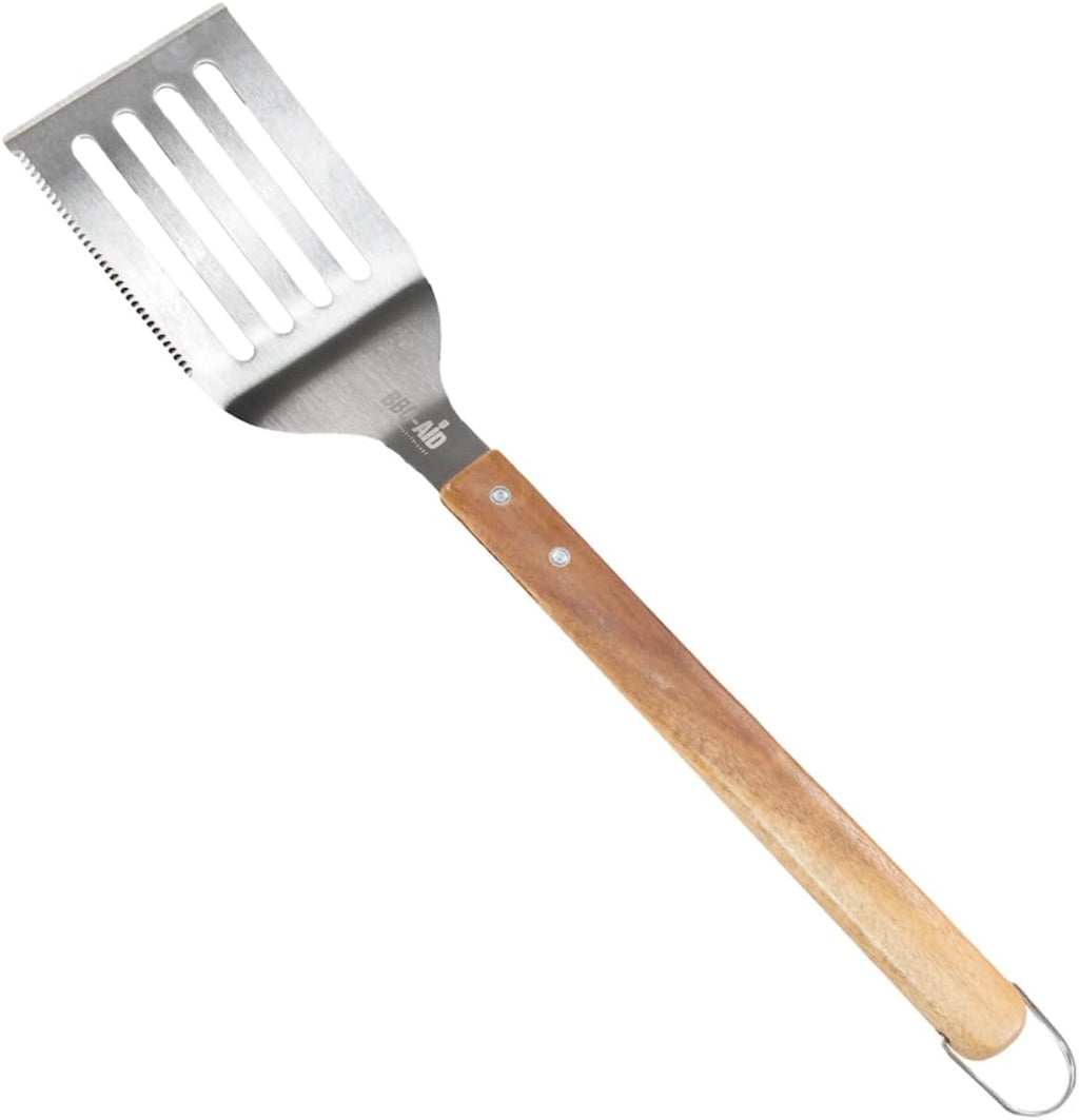 BBQ-AID Pro BBQ Metal Spatula - 17" Stainless Steel with Serrated Edge & Acacia Wood Handle