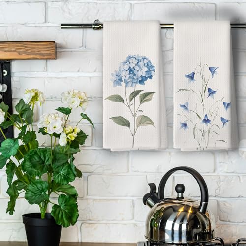 Blue Hydrangea Kitchen Towels Set of 2 - 16x24 Inches Floral Decor
