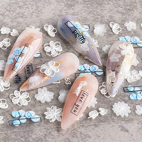 5D White Flower Nail Art Stickers Holographic Embossed Floral Decals