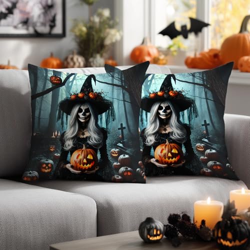 HOMETITUTE Set of 2 Day of The Dead Witch Pillow Covers 18x18