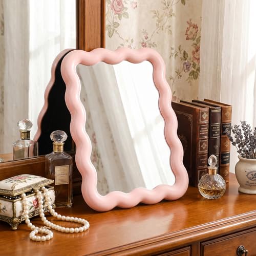Wave-Shaped Pink Desk Mirror, Foldable Portable Makeup Mirror for Vanity