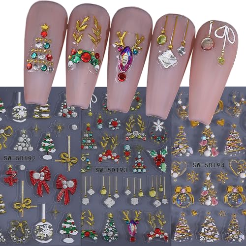 5D Embossed Christmas Nail Stickers Glitter Snowflake Reindeer Decals 3Sheets