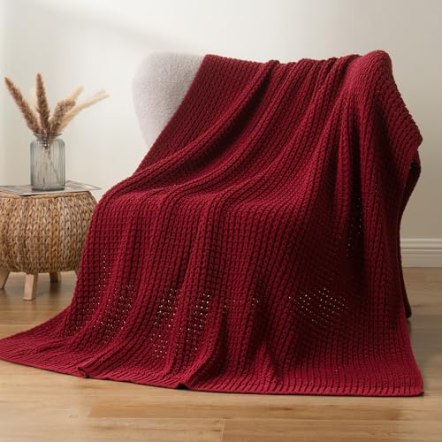 Red Knit Throw Blanket 50x60 Inches Cozy Waffle Couch Blanket - Bunnikins & Clover