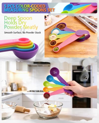 leepiya Measuring Spoons Set of 5, Color Coded Plastic with Fade-Proof Raised Markings